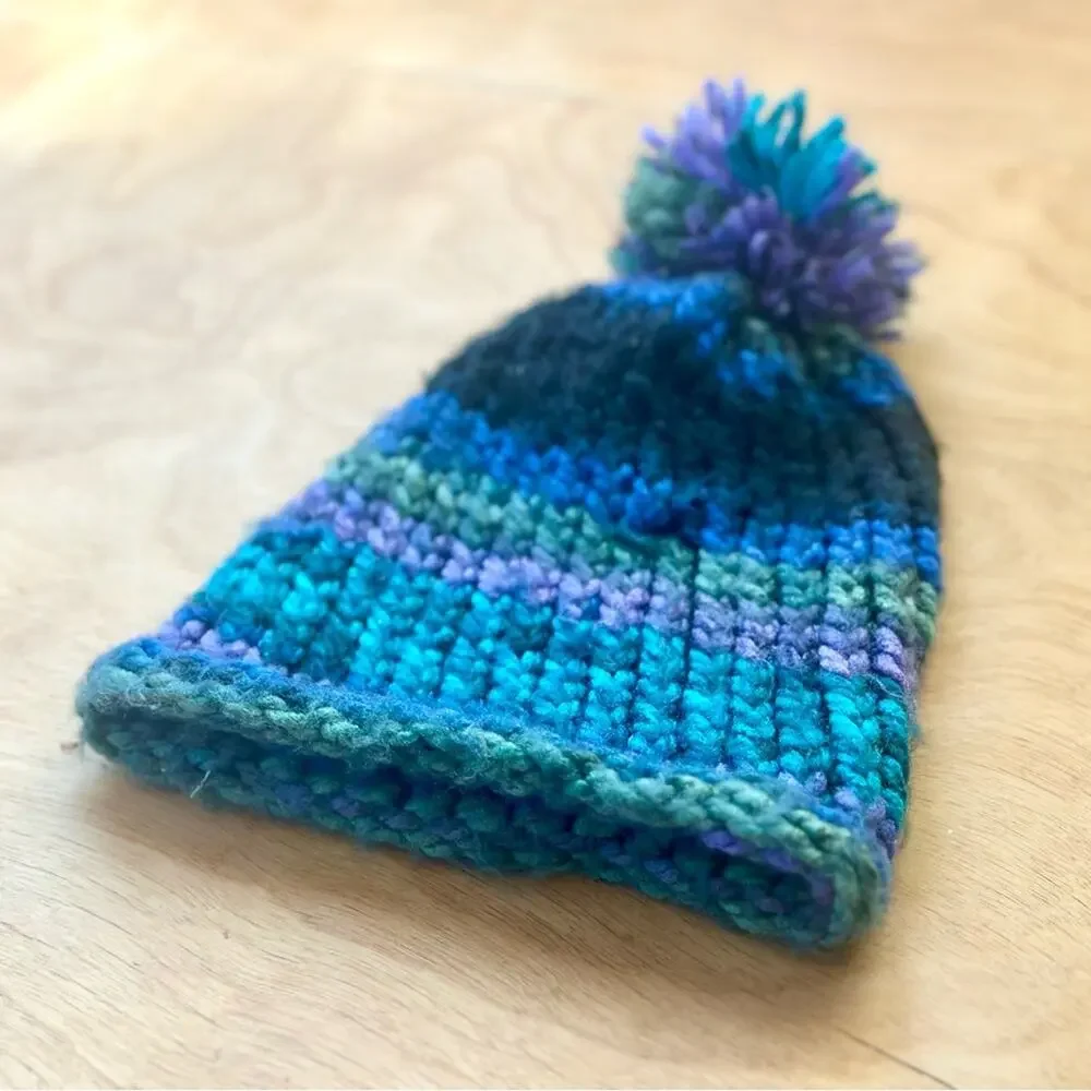 Hand Knit Infant Pom Pom Beanie | Blue Teal Purple | 0–12 Months